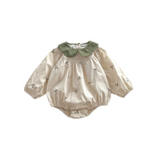 Load image into Gallery viewer, Cream and green romper with a delicate embroidered flower
