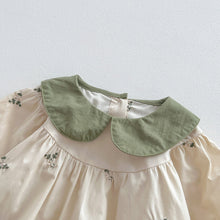 Load image into Gallery viewer, Cream and green romper with a delicate embroidered flower

