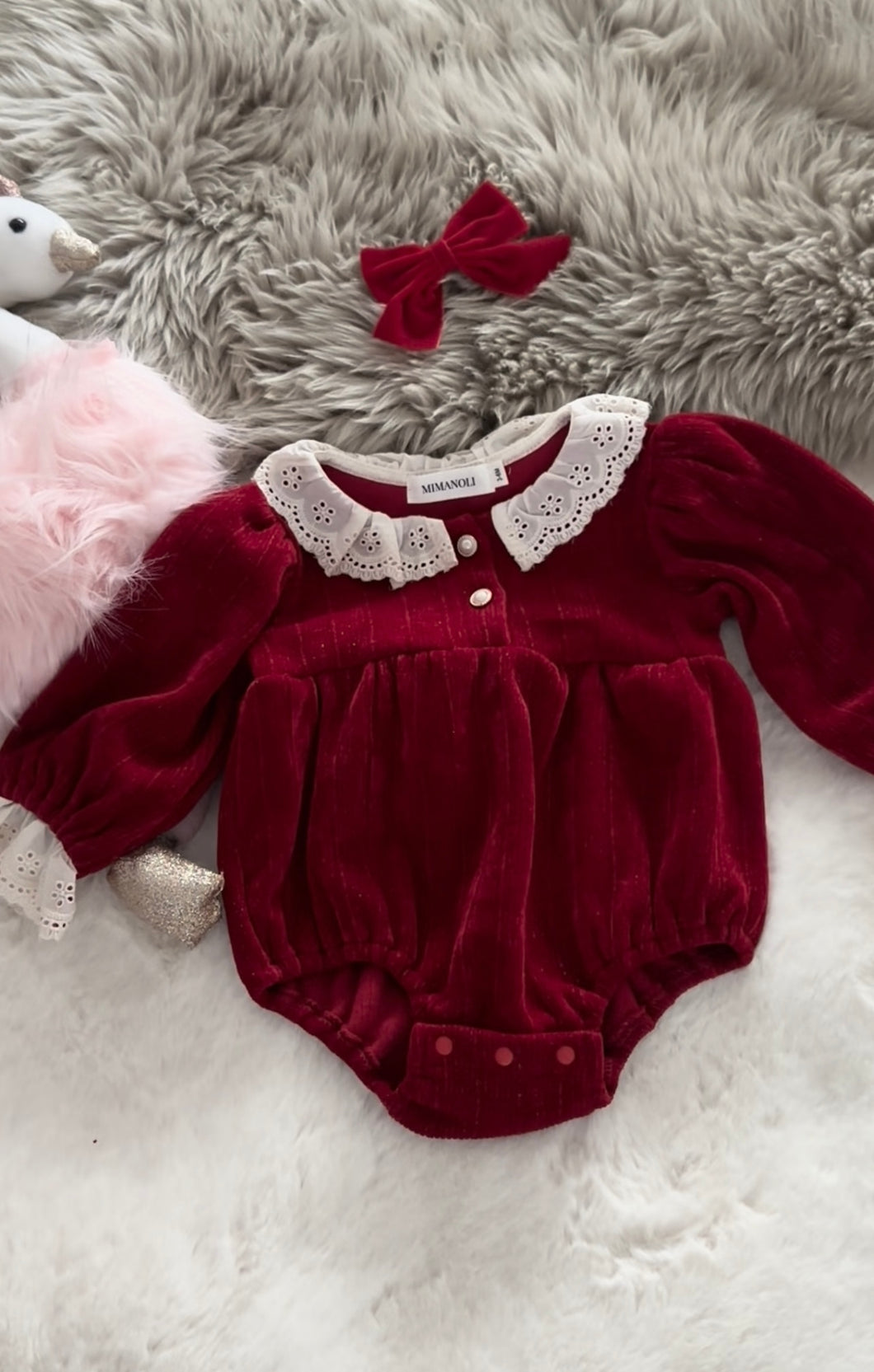 Red soft velour Christmas romper with frill collar