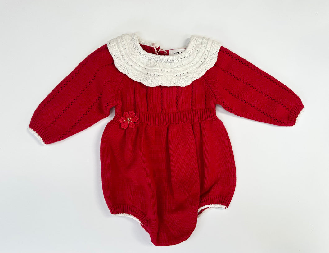 Christmas Red knitted romper with white collar