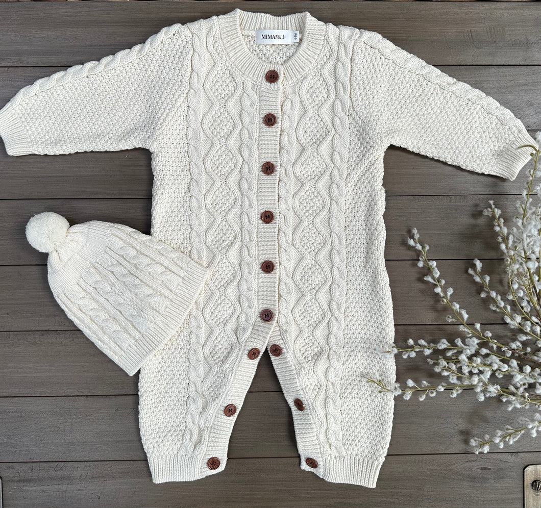 Cable knitted cream romper with Matching hat