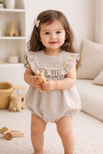Load image into Gallery viewer, Frill stripe neutral romper
