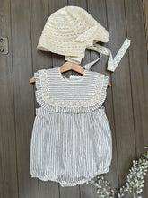 Load image into Gallery viewer, Beige striped cotton embroidered edged romper
