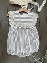 Load image into Gallery viewer, Beige striped cotton embroidered edged romper
