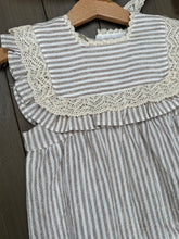 Load image into Gallery viewer, Beige striped cotton embroidered edged romper
