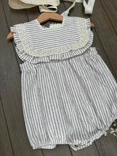 Load image into Gallery viewer, Beige striped cotton embroidered edged romper
