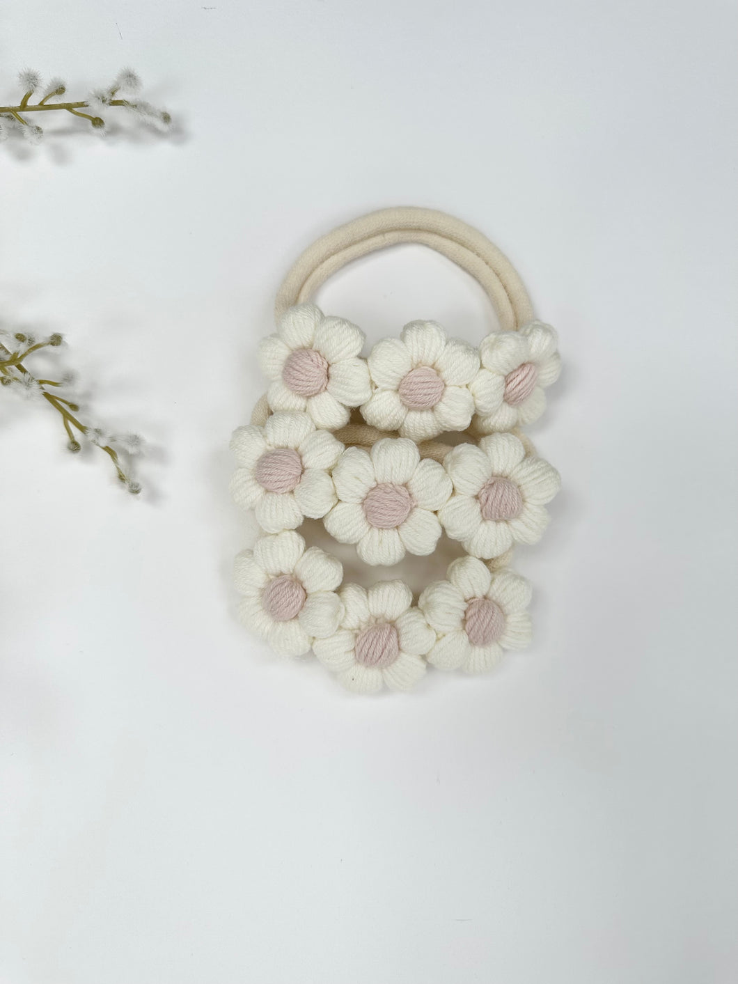 White knitted flower headband