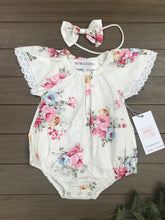 Load image into Gallery viewer, Floral vintage lace trim summer romper with matching bow headband
