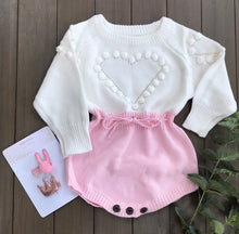 Load image into Gallery viewer, Pink and white romper with a beautiful pom pom heart
