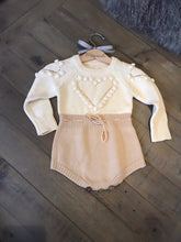 Load image into Gallery viewer, Beige and cream mini heart pom pom knitted Romper with gathered waist
