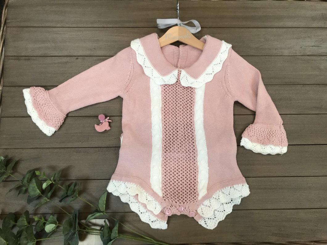 Pink and White knitted lace trim Vintage Romper