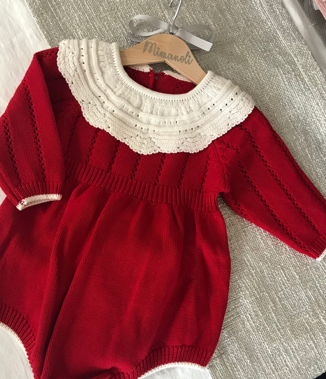 Red knitted romper with white collar