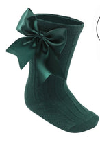 Load image into Gallery viewer, Green ribbed satin bow socks
