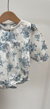 Load image into Gallery viewer, Blue long sleeved floral romper with lace trim
