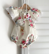 Load image into Gallery viewer, Floral vintage lace trim summer romper with matching bow headband
