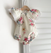 Load image into Gallery viewer, Floral vintage lace trim summer romper with matching bow headband
