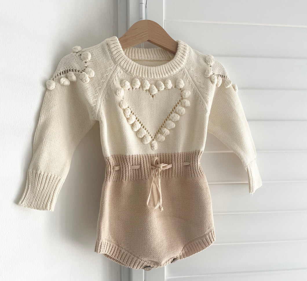 Beige and cream mini heart pom pom knitted Romper with gathered waist