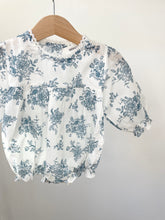 Load image into Gallery viewer, Blue long sleeved floral romper with lace trim
