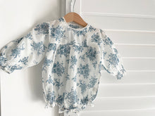 Load image into Gallery viewer, Blue long sleeved floral romper with lace trim
