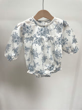 Load image into Gallery viewer, Blue long sleeved floral romper with lace trim
