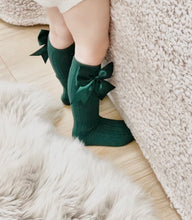 Load image into Gallery viewer, Green ribbed satin bow socks
